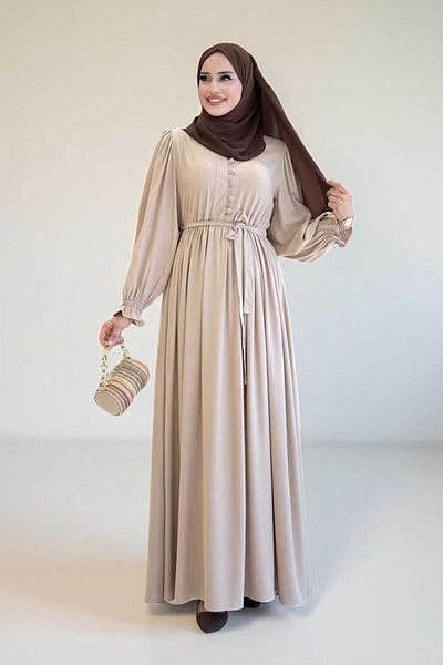Bym Fashion Dress with Elastic Sleeves and Button Detail on the Front 6040 Stone