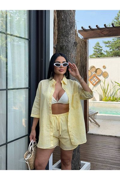 Friday Mood Women's Brode Detailed Shorts Shirt Set