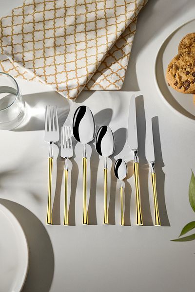Nehir Marbella Gold Plain 12-Person 84-Piece Leather Boxed Cutlery Set