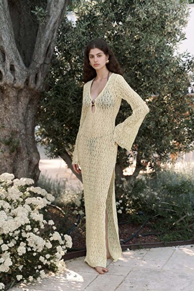 BOHEMAİ Caroline csipke sárga hosszú ruha