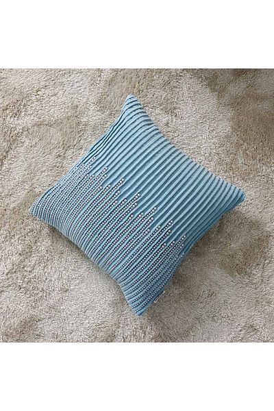 Danube Home Gleam Cotton Velvet Cushion with Moti Hand Work-Light Blue-45x45cm|100% Cotton Couch Filled Cushion