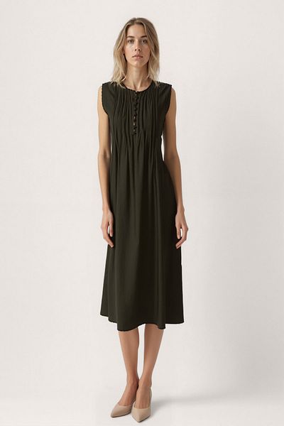 Vitrin Button Front Crinkle Fabric Zero Sleeve Dress
