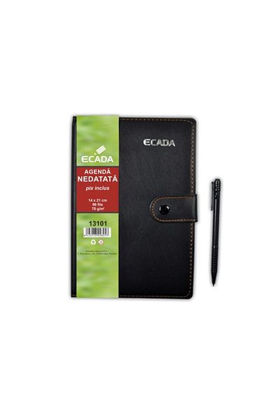 Ecada Black, 96-sheet Agenda With Pen, 14x21 Cm, 70 G/m², Stapled, Black