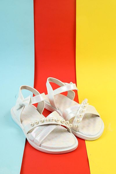 Moda Lime Girls' Sandals Bead and Ribbon Detailed Velcro Flexible Sole Slippers