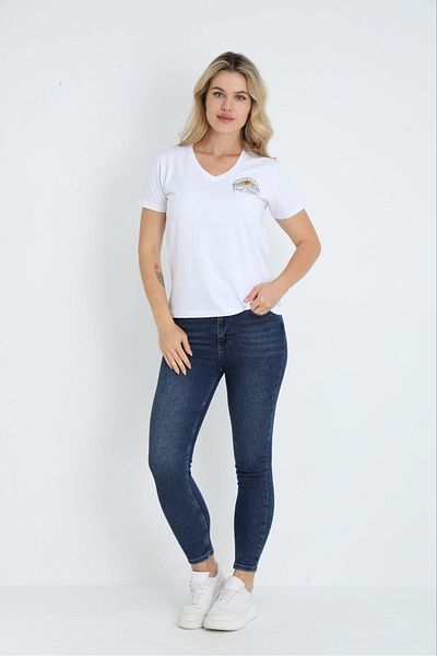 Hukateks White Print Detailed Short Sleeve 100% Cotton T-Shirt
