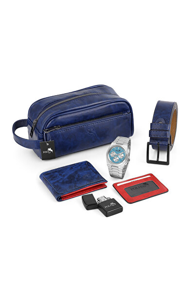 Polo Air Erkek Kol Saati El Çantası Cüzdan Kemer Kartlık Çakmak Set Gümüş Mav...