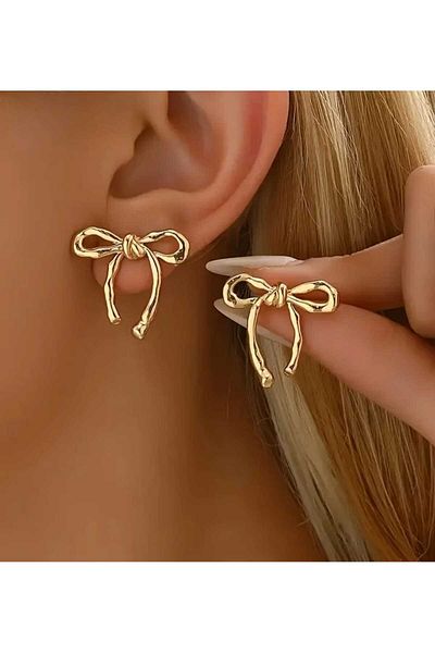 sarıyer silver Ribbon Model Vintage Classic Design Yellow Colored Nail Model Steel Earrings