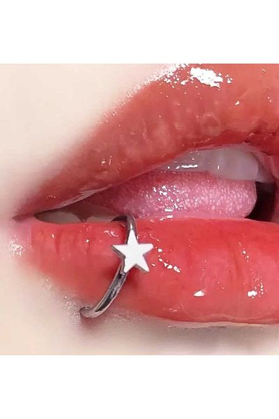 sarıyer silver Star Patterned Holeless Clip-On Stylish Design Steel Lip Compression Ring Piercing