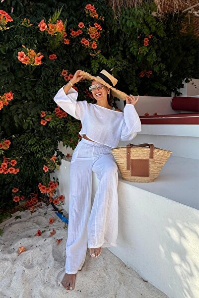 Purple by Banu مجموعة بنطلون قصير من الموسلين الأبيض