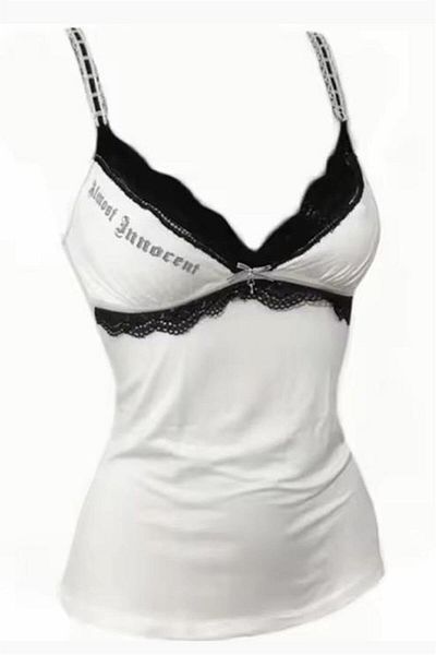 Karakedi White Almost Innocent Black Lace Gothic Y2K Strap Crop