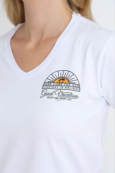 Hukateks White Print Detailed Short Sleeve 100% Cotton T-Shirt