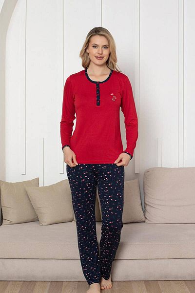 ALİMER Embroidered Women's Pajamas Set - Navy Rose Pattern Long Sleeve Lycra Rink Viscose 2861Uy
