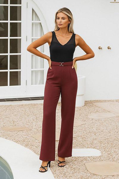 Fashion Friends Buckle Detailed Wide Leg Trousers Burgundy
