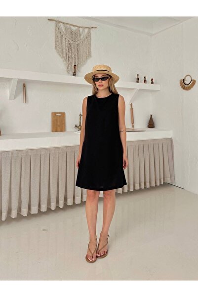 Ekim Store Λινό Basic Απλό Κοντό Φόρεμα