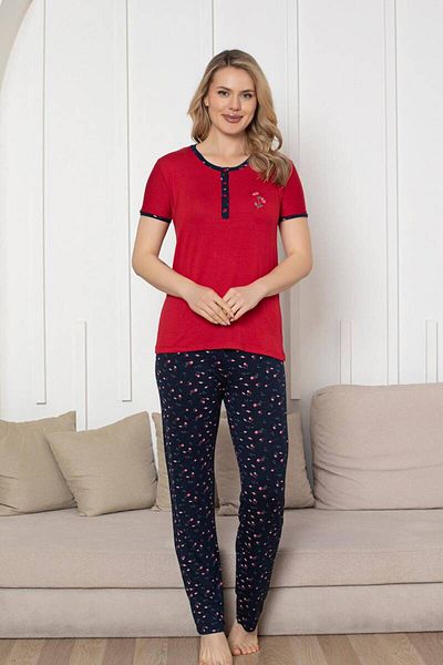 ALİMER Women's Embroidered Pajama Set - Navy Rose Pattern Short Sleeve Lycra Rink Viscose 2861Ky
