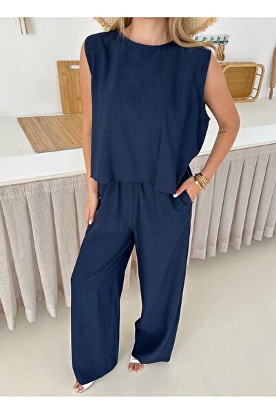 Ekim Store Seersucker Blouse Pants Set with Lace-Up Back