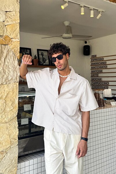 Flaw Wear Striped Oversize Beige Short Sleeve Shirt