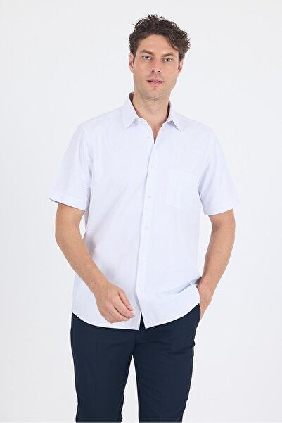 İmza Beyaz-Mavi Sert Yaka Kısa Kol Cepli Comfort Fit Cls Gömlek 1004250262