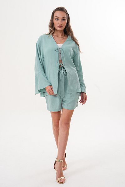 happinice Women's Green Kimono Set – Tie-Up, Relaxed Fit, Shorts Summer Combination