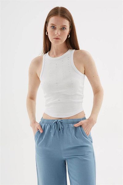 Fashion Friends Stoned Crop Tank Top White