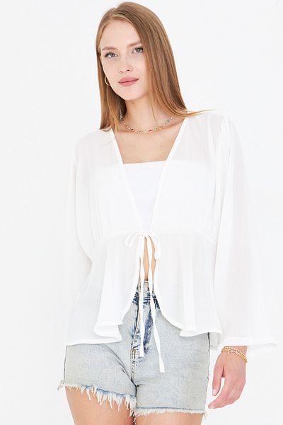 armonika Women's White Front Tie Detailed Chiffon Kimono Cardigan Arm-25Y001072