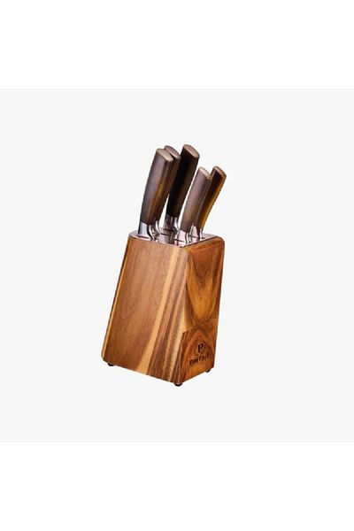 Parfait 6-Piece High Quality Wooden Stand Knife Block Set Brown and Silver
