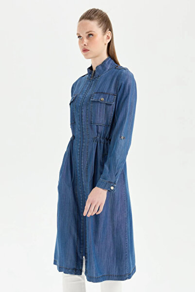 Gold Moda Renk Tie-Waist Pocket Detail Front Zipper Close Judge Collar Long Summer Tunic