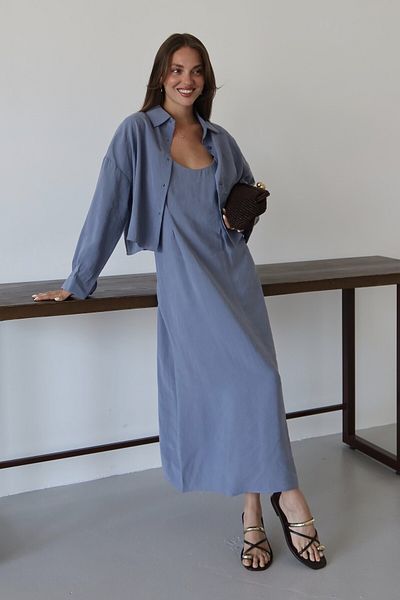 Laluvia Blue - Gray Modal Shirt Dress Suit - 51153