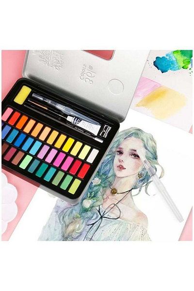 COOYA 36 Colors Solid Watercolor Paints, Drawing Set, Water Brush, for Artists/Beginners/Students