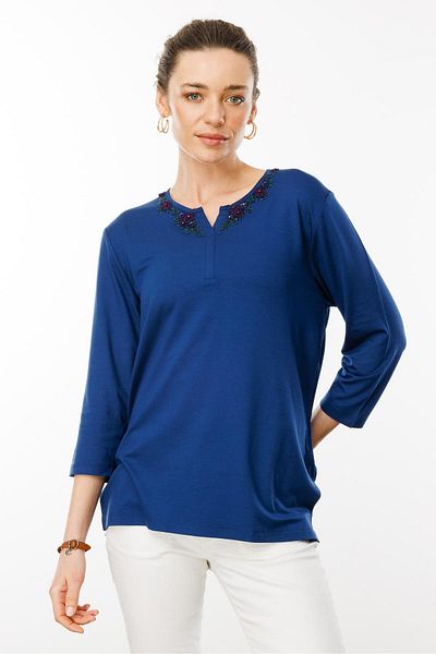 Desen Triko Tricou de damă cu mâneci 3/4 brodate oversize - Casual Elegant