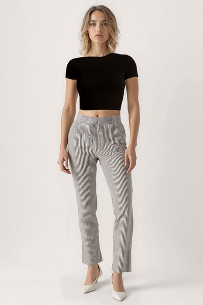Vitrin Thick Striped Wide Leg Trousers with Elastic Waist