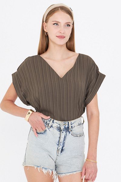 armonika Women's Dark Khaki V-Neck Oversize Blouse with Side Slits and Long Double Sleeve Detail on the Back Arm-24Y001074
