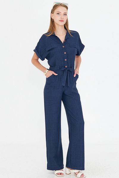 armonika Women's Navy Blue Front Buttoned Waist Belted Pocket Bat Sleeve Palazzo Jumpsuit Arm-24Y001105