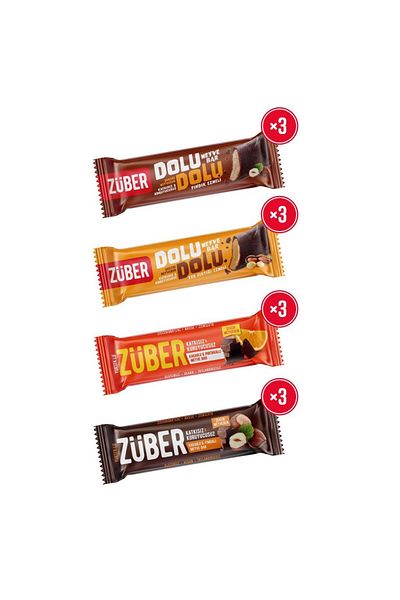 Züber Mix Fruit Bar Pack X 12 Pieces (Full of Hazelnut and Peanut Fruit Bar 30 Gr, Orange and Hazelnut
