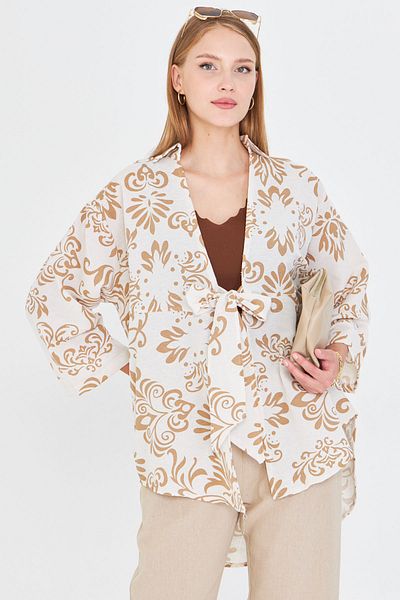 armonika Women's Dark Mink Patterned Linen Look Front Tie Kimono Shirt Arm-24Y001079
