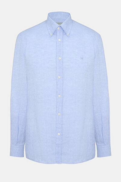 Edwards Erkek Mavi Cooper Fit Düğmeli Yaka İrlanda Keten Spor Gömlek