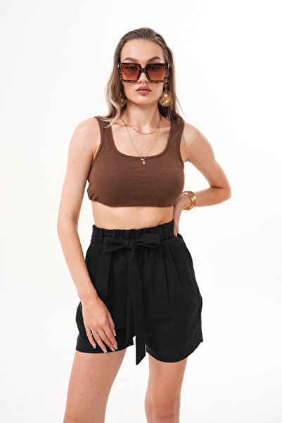happinice Kadın Siyah Beli Lastikli Kemerli Çift Cep Keten Şort
