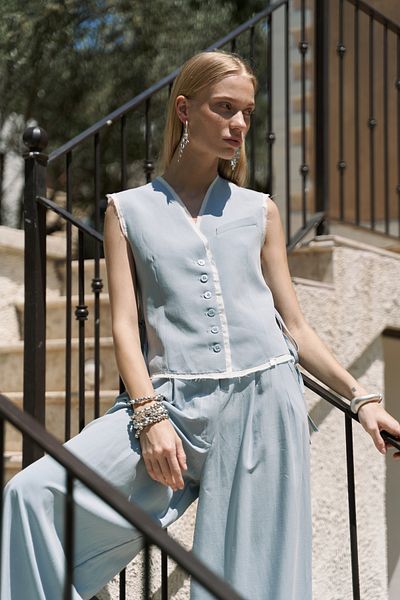 BOHEMAİ Shonas Lace Detail Blue Vest Pants Suit