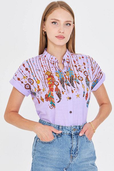 armonika Women's Lilac Judge Collar Short Sleeve Shirt Arm-25Y001040
