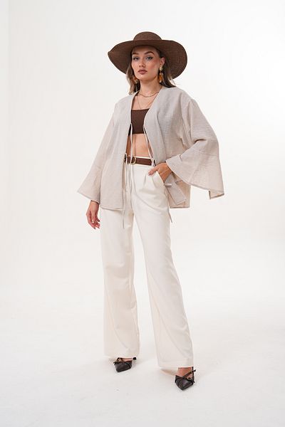 happinice Women's Ecru Double Tie Linen Kimono