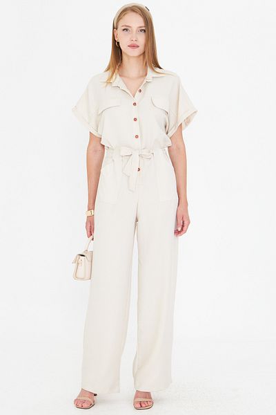 armonika Women's Ecru Front Buttoned Waist Belted Pocket Bat Sleeve Palazzo Jumpsuit Arm-24Y001105
