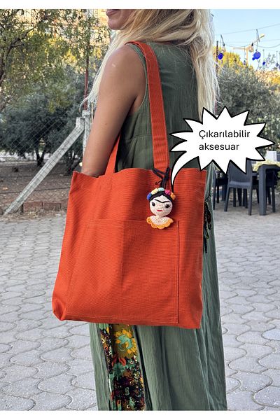 Handream Canvas Brick Color Cloth Tote Shoulder Bag with Front Pocket and Frida Accessories