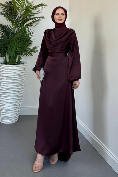 MERVEN AKYÜZ Βραδινό φόρεμα Oriana Degaje με γιακά Plum
