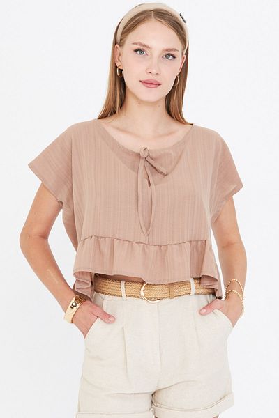 armonika Women's Light Mink Bat Sleeve Collar Tie-Up Skirt Ruffled Oversize Crop Blouse Arm-24Y001088
