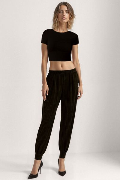 Vitrin Self Patterned Pleated Trousers with Elastic Waist