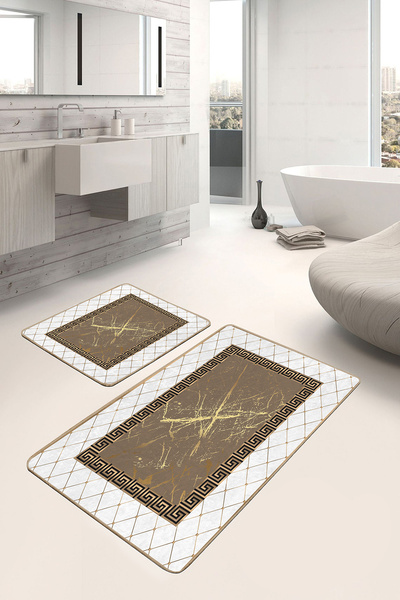 Realhomes مجموعة من 2 سجادة حمام كلاسيكية هندسية أصلية مكونة من قطعتين باللون الأبيض والذهبي