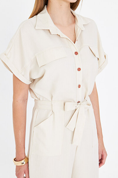 armonika Women's Ecru Front Buttoned Waist Belted Pocket Bat Sleeve Palazzo Jumpsuit Arm-24Y001105