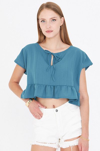 armonika Women's Oil Bat Sleeve Collar Tie-Up Skirt Ruffled Oversize Crop Blouse Arm-24Y001088