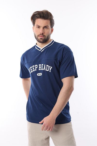 Madmext Μπλουζάκι με κοντό μανίκι με στάμπα Navy Blue V-Neck 7039
