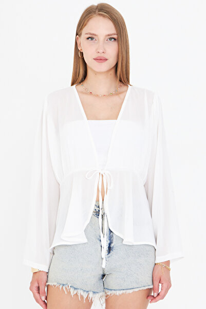 armonika Cardigan kimono din șifon cu șireturi în față alb pentru femei Arm-25y001072